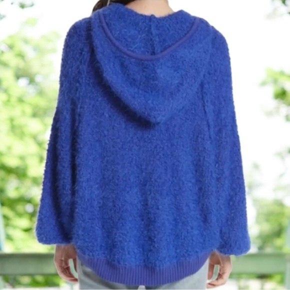 Free People Furry Time Oversized Hooded Zip Up Cozy Sweater Jacket Blue  L - Picture 3 of 15
